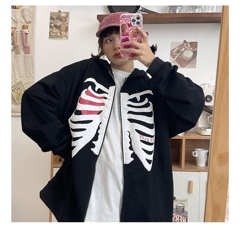 Skull Print Hooded Sweatshirt American Fashion Anime Men Women Zip Up Y2k Long Sleeve Hooded Jacket Lady Goth Loose Streetwear