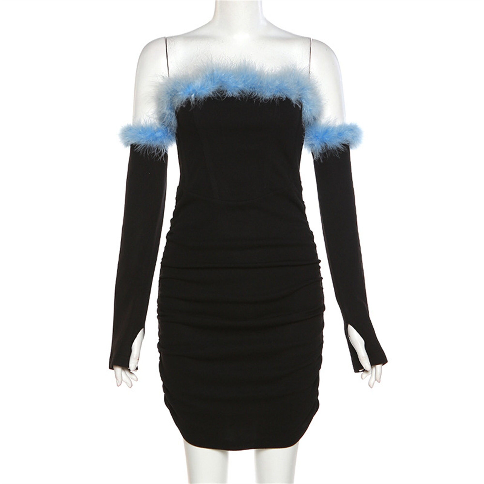 Sky Blue Plush Neckline Short Skirt Gothic Sexy Wrap Skirt Dark High Waist Slim Dress Gloves Style Sleeves Fashionable Personalized Dress