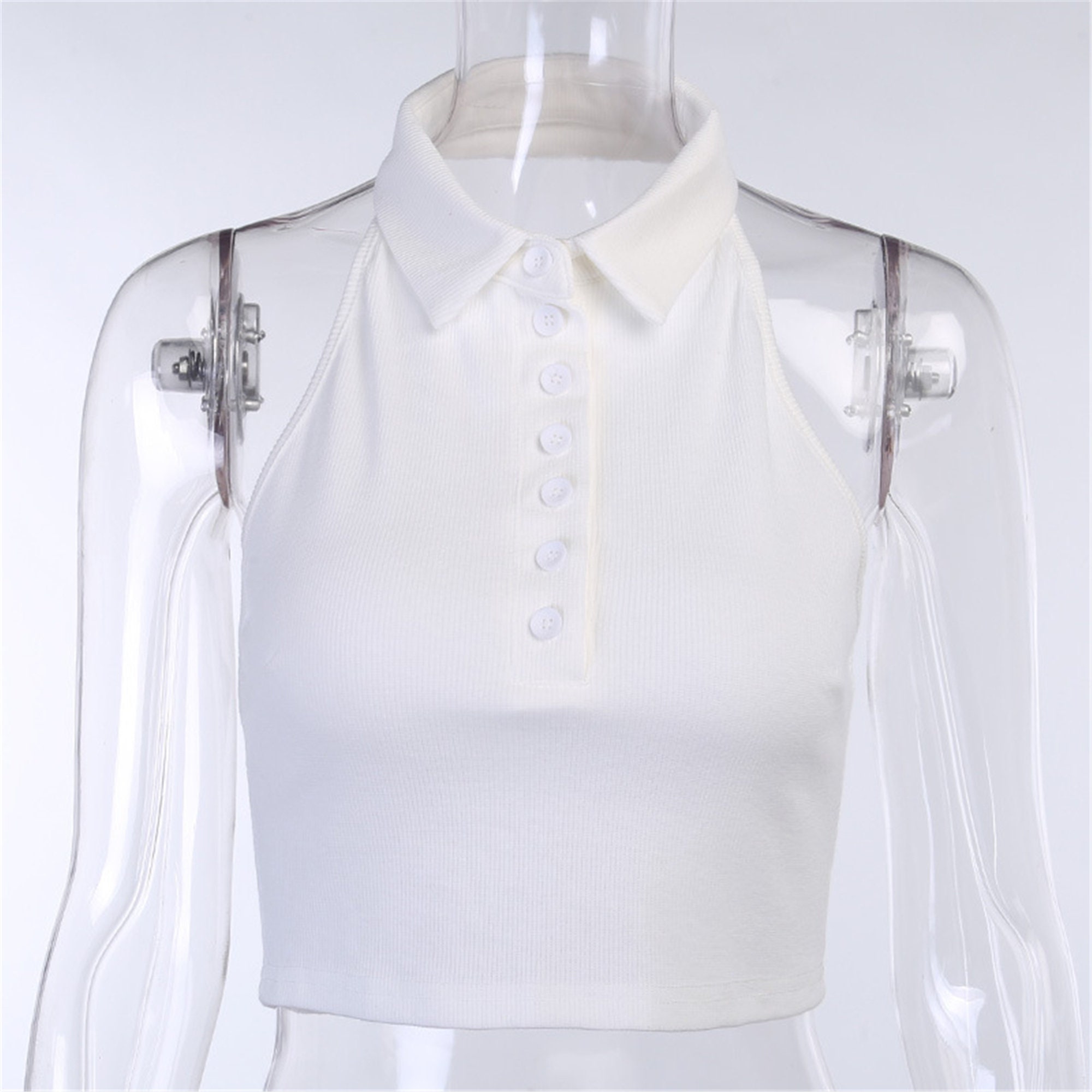 Sleeveless Button Halter Collar Crop Top White Sleeveless Tank Top Tees Women's Clothing Tank Top Sexy Clubwear Fashion Streetwear