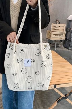 Smiling Face Corduroy Tote Bag Smiley Face Tote Women Shoulder Shopping School Everyday Handbag