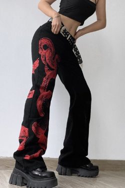 Snake Element Unilateral Print Contrast Loose Straight Leg Jeans
