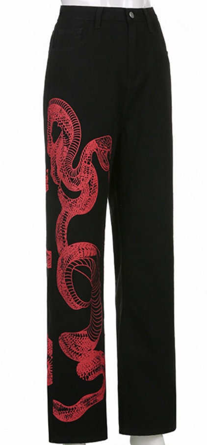 Snake Element Unilateral Print Contrast Loose Straight Leg Jeans