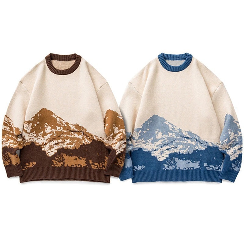 Snow Mountain Sweater Knitted Mountain Pattern Sweater Vintage Harajuku Sweatshirt Hip Hop Streetwear Sweater Unisex Oversized Pullover