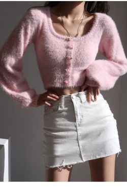 Soft Knit Mohair Long Sleeve Crop Cardigan (Pink) Y2k Clothing Korean Fashion 60s 70s 80s 90s Vintage Milkmaid Soft Girl Aesthetic