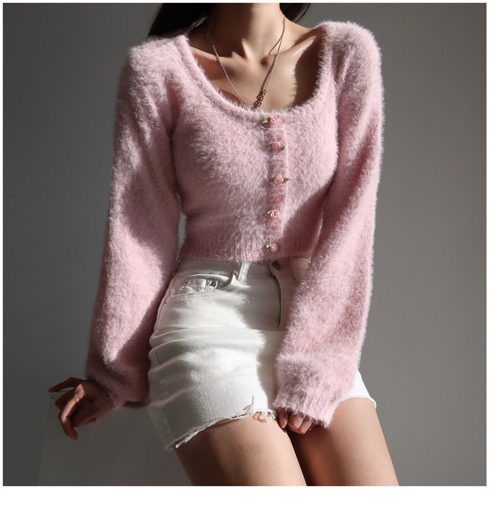 Soft Knit Mohair Long Sleeve Crop Cardigan (Pink) Y2k Clothing Korean Fashion 60s 70s 80s 90s Vintage Milkmaid Soft Girl Aesthetic