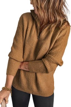 Solid Color Zipper Pullover Sweater Knitting Long Sleeve Winter Sweater Fit Warm Sweater Outerwear Womens Gift For Her