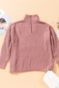 Solid Color Zipper Pullover Sweater Knitting Long Sleeve Winter Sweater Fit Warm Sweater Outerwear Womens Gift For Her