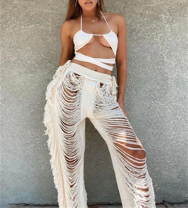 Solid Knitted Straight Pants For Women Hipster Tassel Hollow Out High Waist Bottoms Streetwear Christmas Trousers