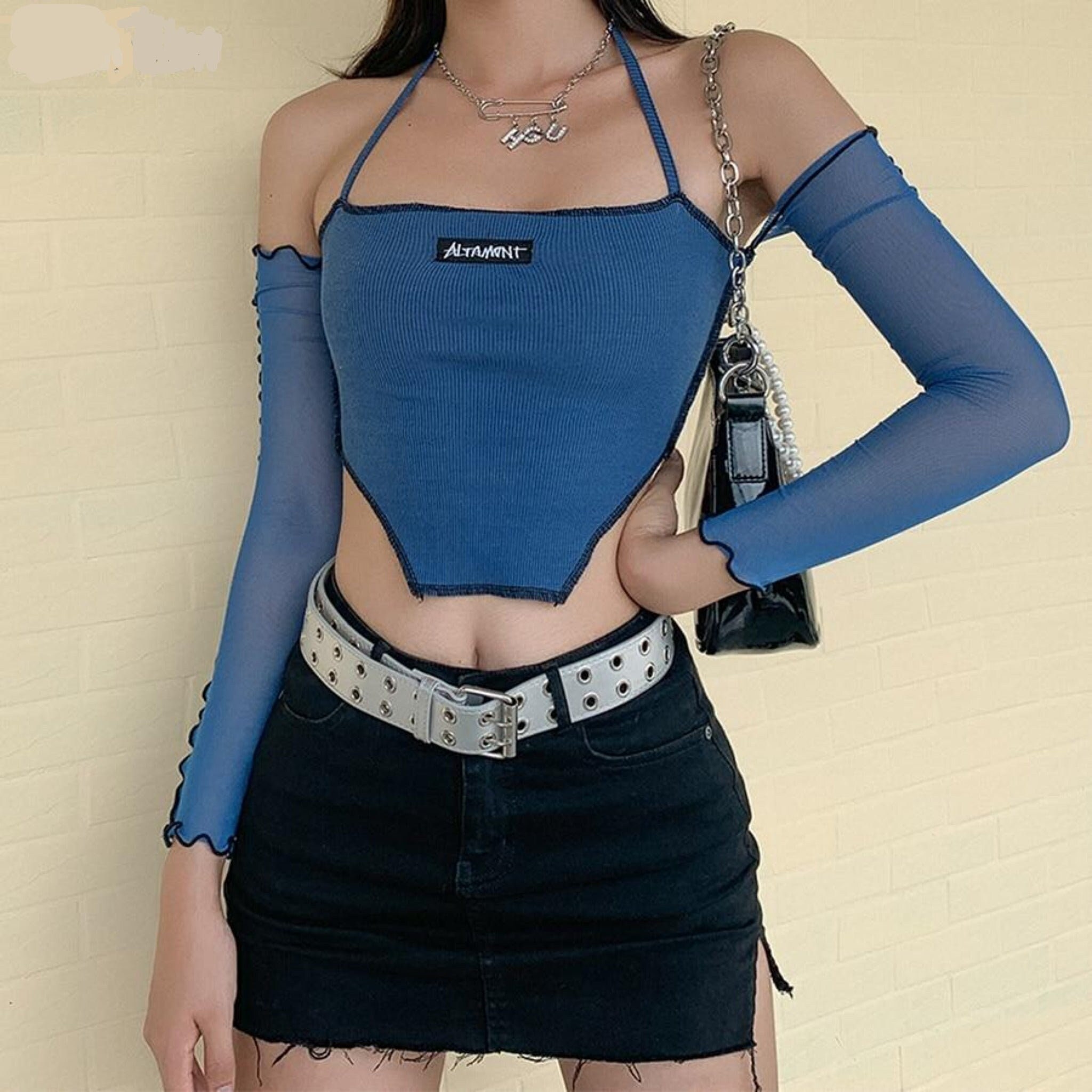 Spaghetti Straps Crop Top With Mesh Sleeves In Blue