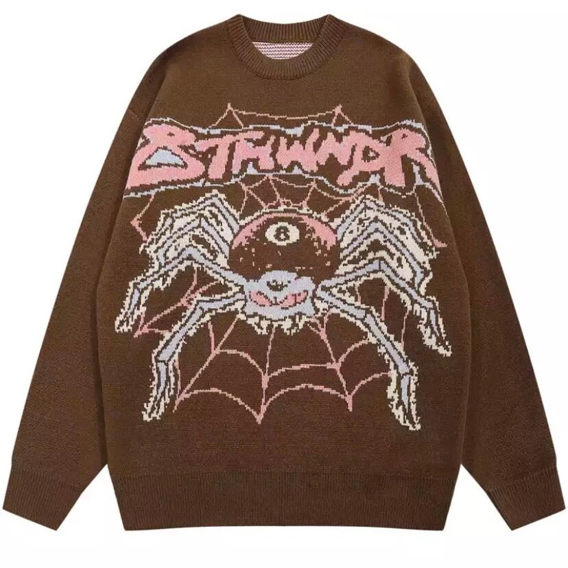 Spider Knitted Crewneck Sweater Y2k Spider Web Hipster Streetwear Hip Hop Loose Pullover Harajuku Vintage Aesthetic Oversized Sweater