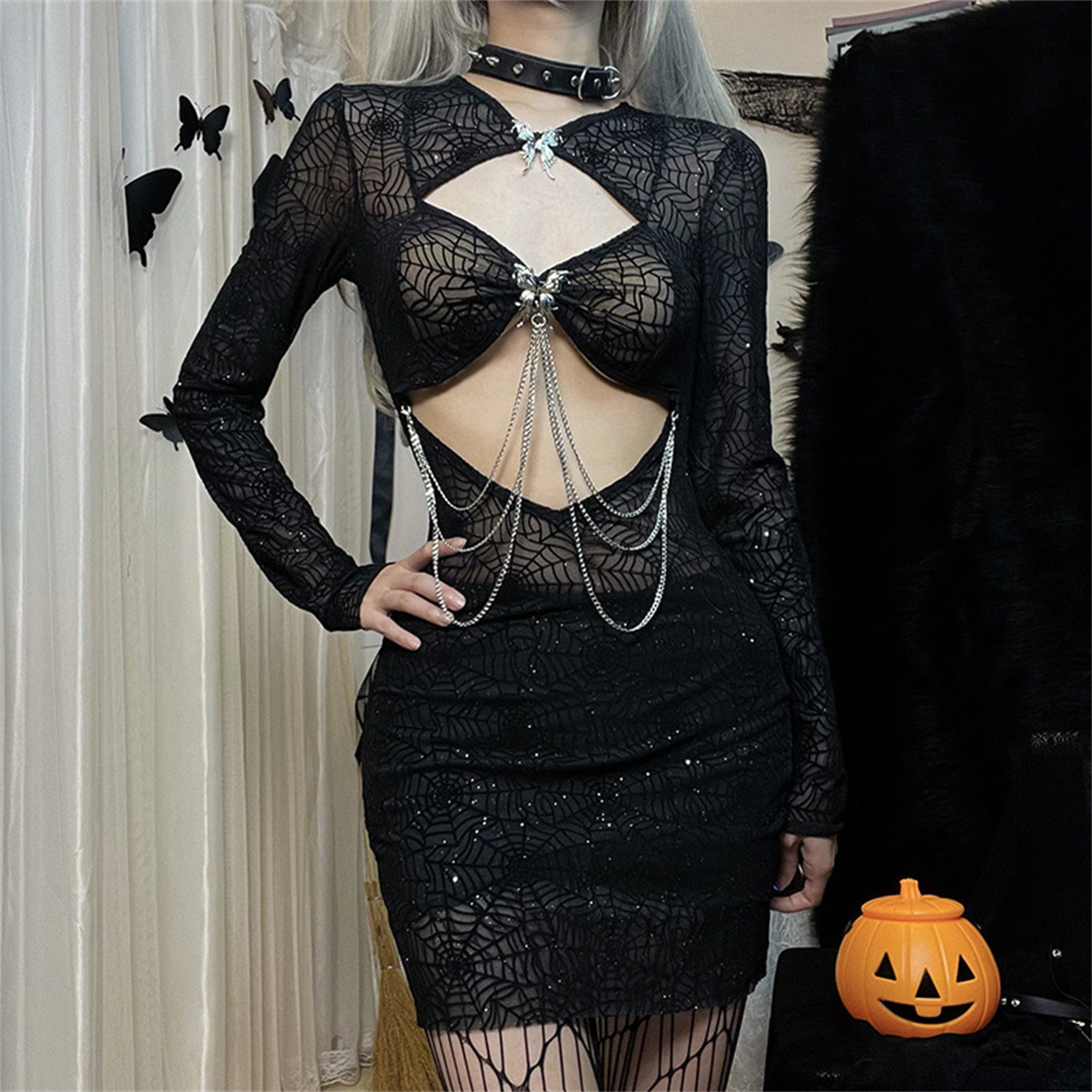 Spider Web Glitter Sexy Feature Butterfly Dress Gothic Dark Sexy Lace Sheer Dress Perspective Dress Halloween Hollow Bow Dress With Chain