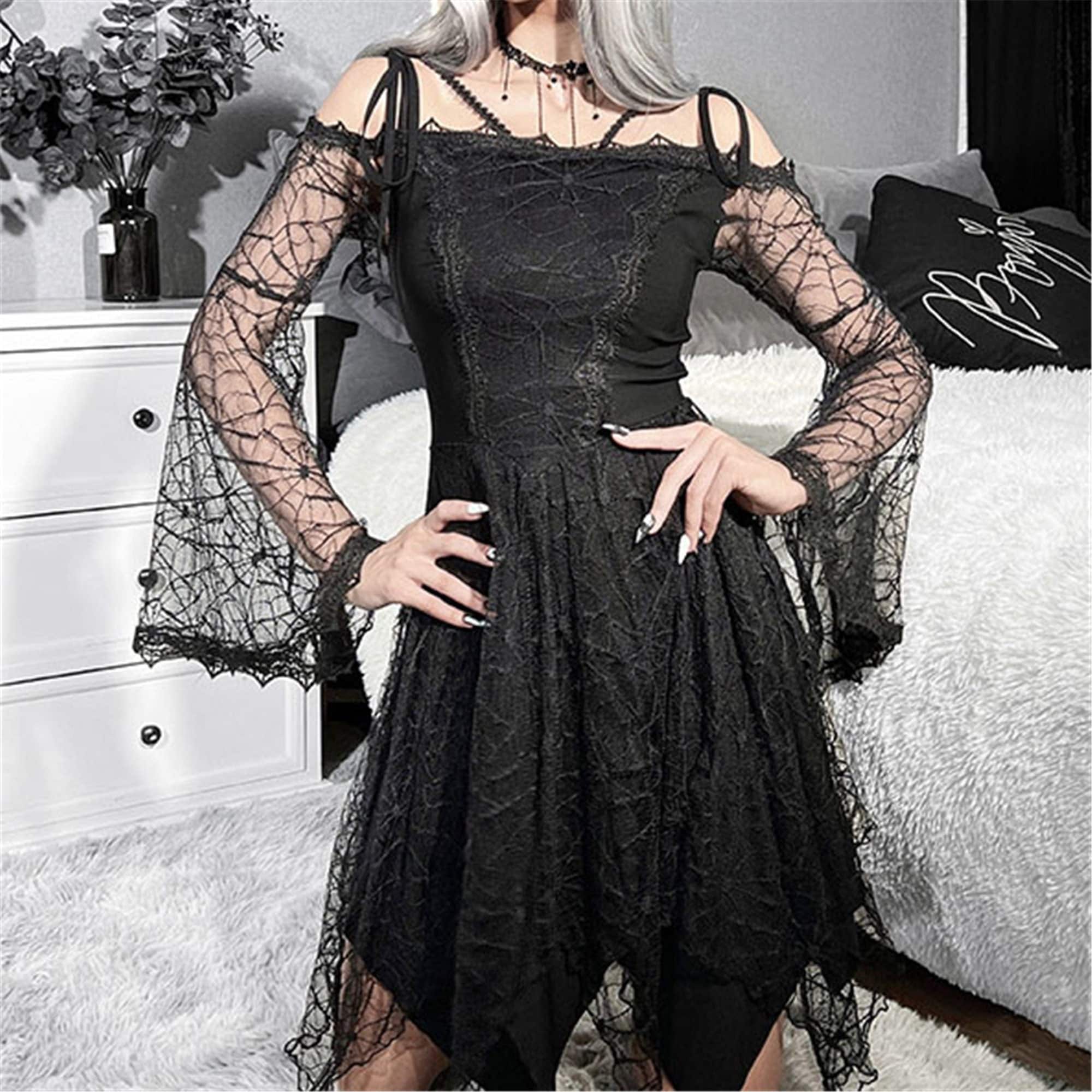 Spider Web Lace Skinny Goth High Waist Dress Gothic Lace Ruffled Long Sleeve Dress Lace Perspective Stitching Dress French Vintage Dress