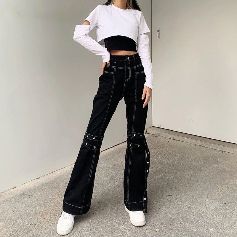 Spliced Decorted With Button & High Waisted Lace Up Women Jeans Bandage Decoration With Side Strap Harajuku Streetwear Gothicwear