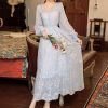 Spring Fall Women Maxi Long Fairy Dress Apricot Blue Floral Embroidery Delicate Lace Elegant Ruffles Feminine Chic Dress