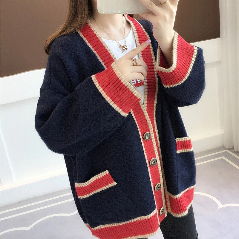 Spring Fashion Mid Patchwork Knitted Sweater Women Loose Casual Cardigan Big Pocket V Neck Long Sleeve Knitting Tops Female