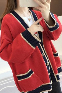 Spring Fashion Mid Patchwork Knitted Sweater Women Loose Casual Cardigan Big Pocket V Neck Long Sleeve Knitting Tops Female