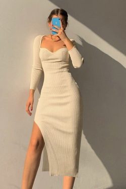 Square Collar Knitted Knee Length Dresses Winter Bodycon Basic Elastic Party Cotton Dress With 