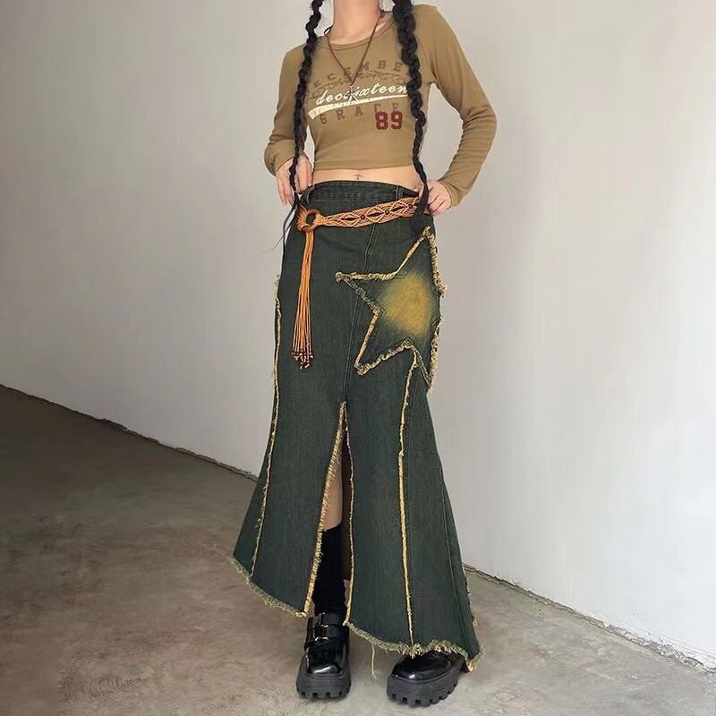 Star Patch Long Denim Skirt Streetwear Harajuku Korean Retro Vintage Y2k Clothing 2000 Aesthetic