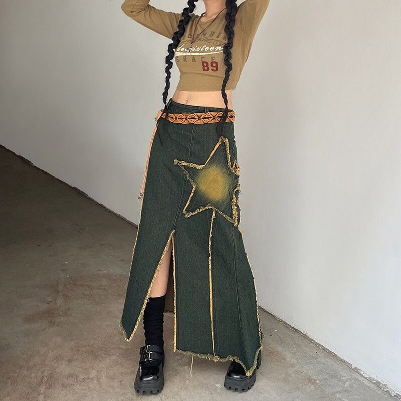 Star Patch Long Denim Skirt Streetwear Lolita Korean Retro Vintage Y2k Clothing