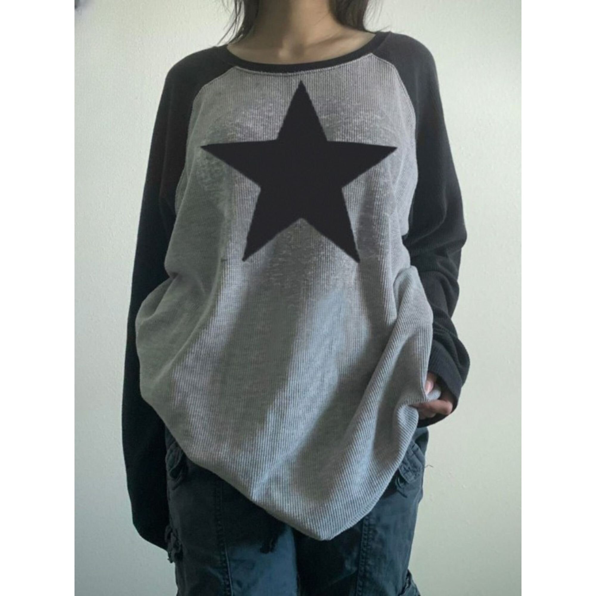 Star Print Shirt Knitted Patchwork Oversized Shirt Streetwear Vintage Retro Y2k Clothing Cottagecore Fairycore