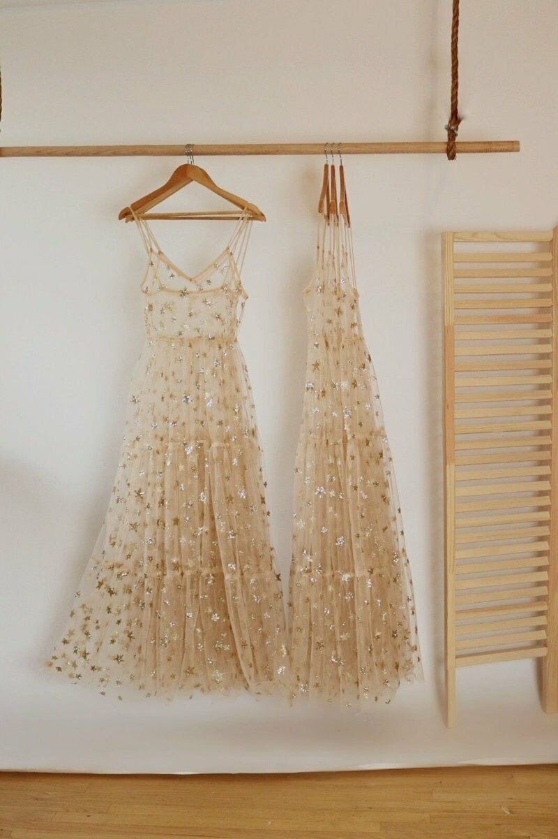 Starry Mesh Tulle Summer Fishnet Star Embroidered Glitter Sheer Beach Dress Gold Starry Dress Spaghetti