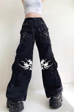 Street Design Printed Pants Casual Pants Harujuku Ribbon Pocket Pants Dark Hip Hop Woven Pants Gothic Loose Pants Fashionable Punk Pants