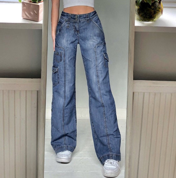 Street High Waist Straight Leg Casual Jeans Irregular Pocket Tooling Mopping Pants Old Pants