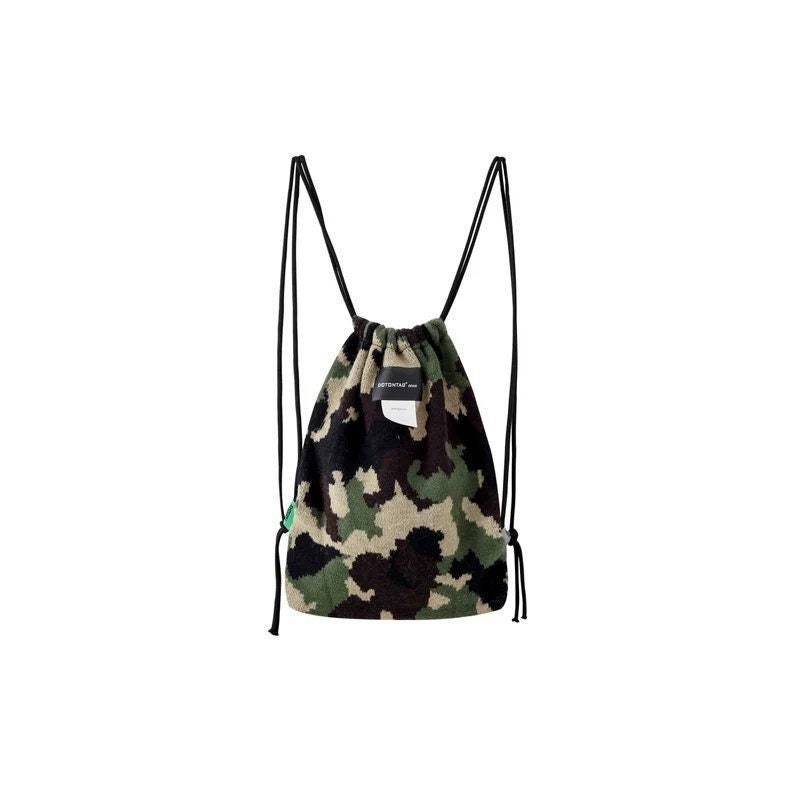 Streetwear Casual Army Camo Drawstring Backpack Urban Fashion Weave Cinch Shoulder Bag
