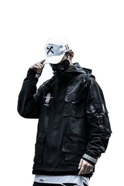 Streetwear Fashion Cyberpunk Black Jacket For Men Urban Techwear Zip Up Windbreaker