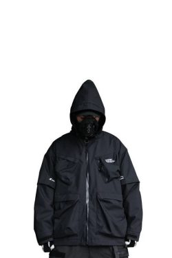 Streetwear Fashion Cyberpunk Lvl 3 Dark Combat Jacket For Men Urban Techwear Black Zip Up Windbreaker