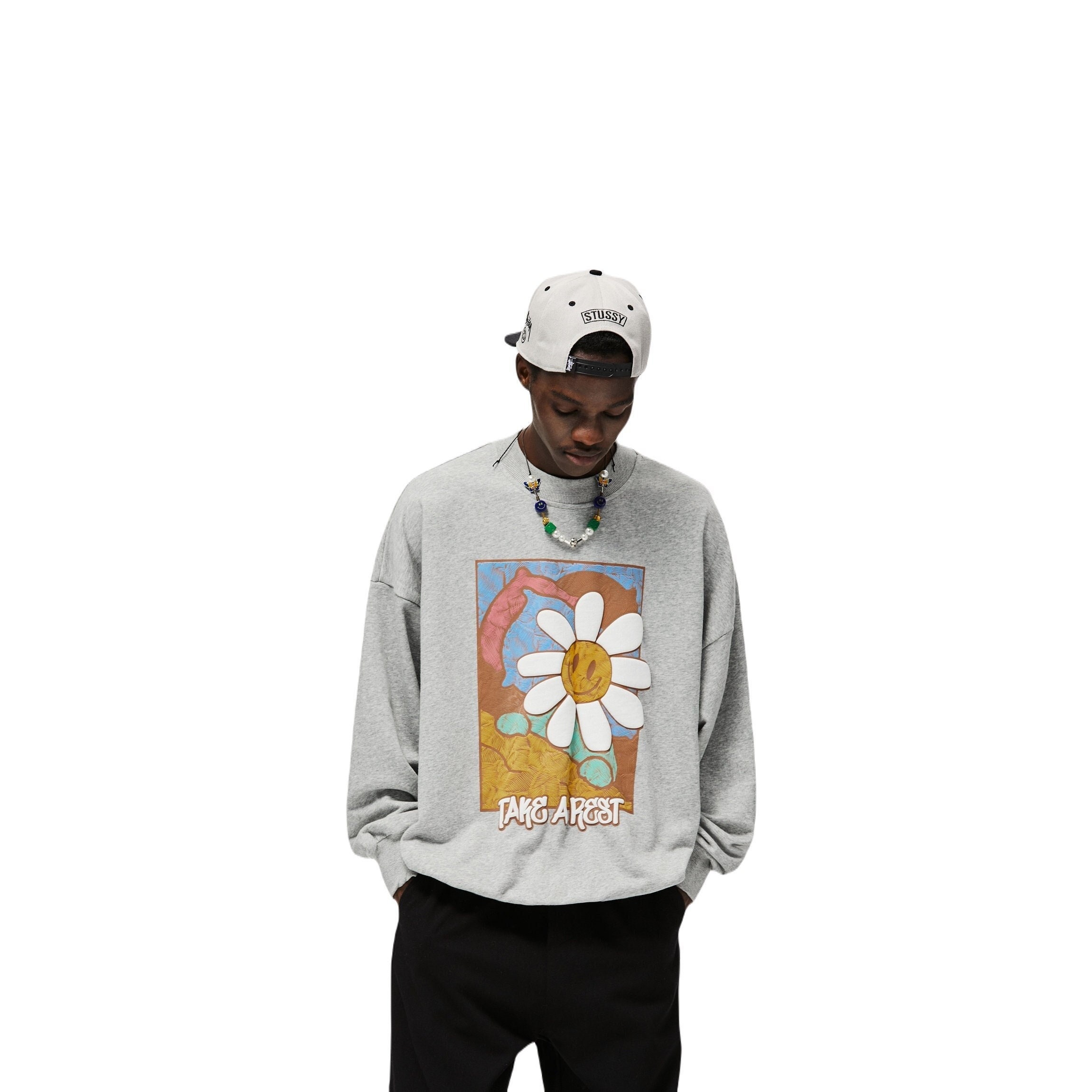 Streetwear Fashion Oil Painting Smiley Daisy Printed Sweatshirt For Men Urban Long Sleeve Cotton Take Artist Graphic Pullover