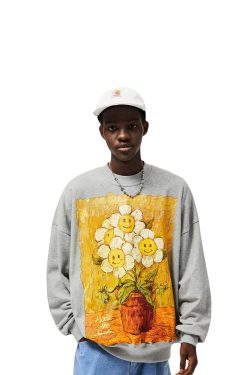 Streetwear Fashion Oil Painting Sunflower Printed Sweatshirt For Men Urban Long Sleeve Cotton Smiley Graphic Pullover