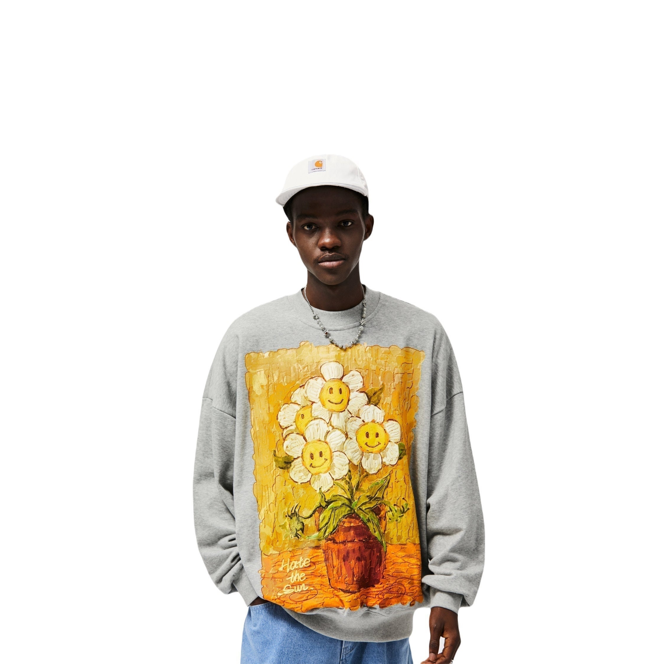 Streetwear Fashion Oil Painting Sunflower Printed Sweatshirt For Men Urban Long Sleeve Cotton Smiley Graphic Pullover