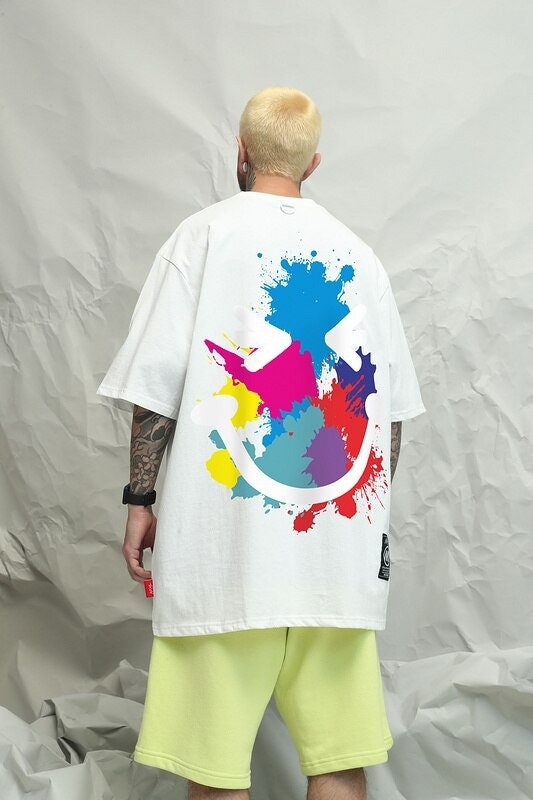 Streetwear Fashion Smeared Paint Emoji Tee Shirt Summer Casual Short Sleeves Colorful Graffiti Smile Graphic T Shirt
