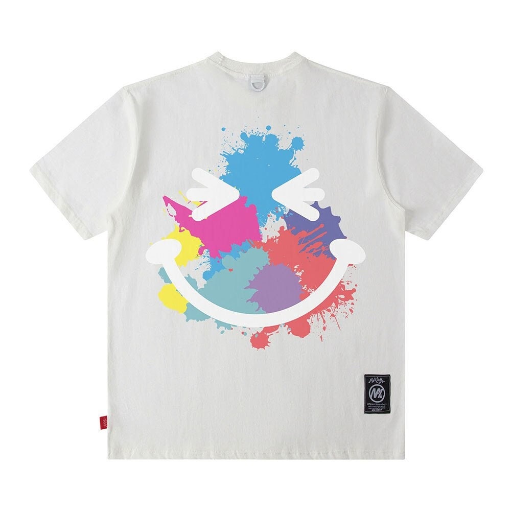 Streetwear Fashion Smeared Paint Emoji Tee Shirt Summer Casual Short Sleeves Colorful Graffiti Smile Graphic T Shirt