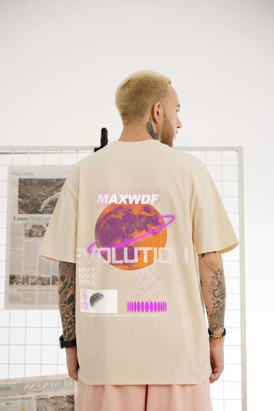 Streetwear Fashion Space Exploration Graphic T Shirt Summer Apricot Short Sleeve Oversized Tees