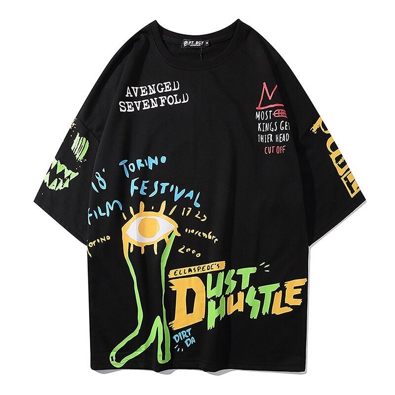 Streetwear Fashion Torino Festival Doodle Rockstar Tee Shirt Summer Relaxed Fit Hip Hop Black Half Sleeves T Shirt