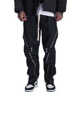 Streetwear High Street Black Joggers For Men Straight Relaxed Fit Urban Fashion Pants With Zipper