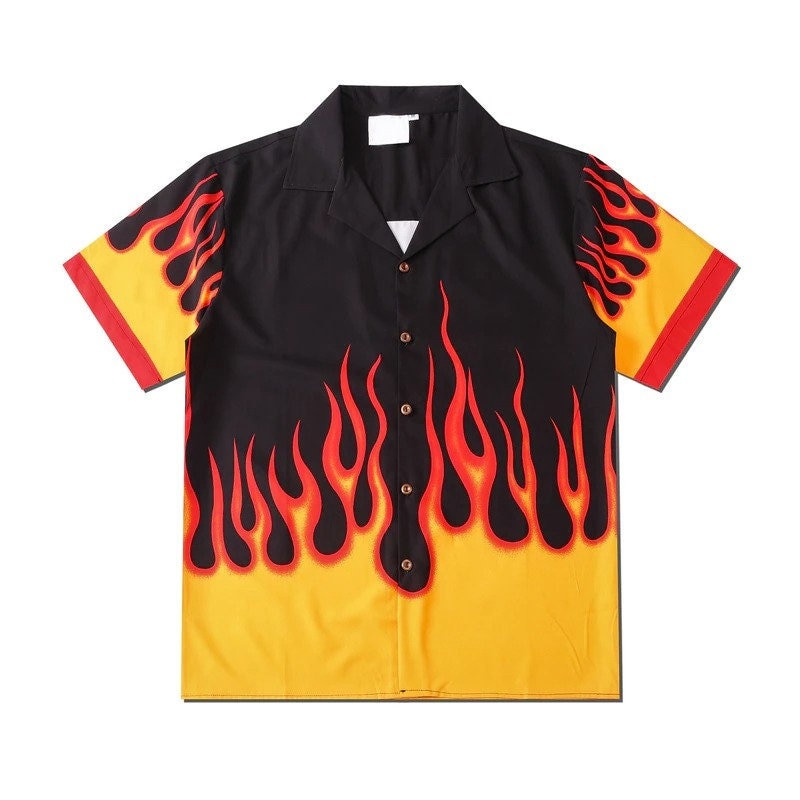 Streetwear Summer Vintage Hawaii Tee Shirt Urban Fashion Short Sleeves Fire Flames Printed T Shirt