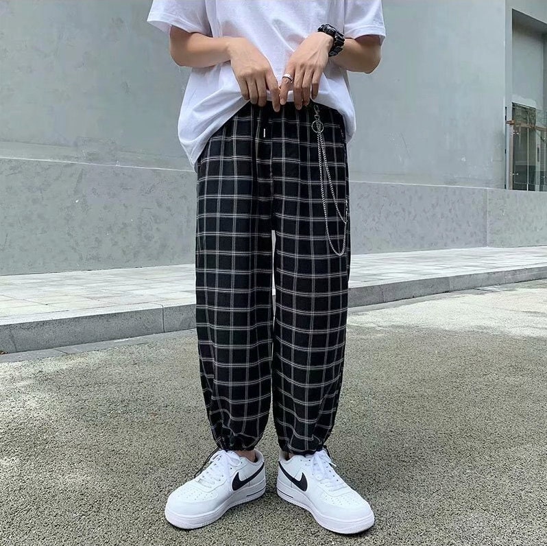 Streetwear Trendy Y2k Checked Oversized Cotton Men Hip Hop Baggy Black White Style Newschool Pant Trousers Bottoms Hiphop Cargo