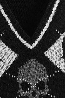 Streetwear Trendy Y2k Skull Knit Winter Argyle Oversized Cotton V Cut Men Hip Hop Baggy Black White Newschool Vest Pullunder Cardigan Style