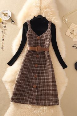 Streetwear Two Piece Dress Women Autumn Winter Sweater Wool Knee Length Dresses Belt Elegant Party Dress