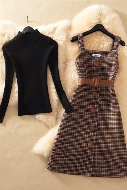 Streetwear Two Piece Dress Women Autumn Winter Sweater Wool Knee Length Dresses Belt Elegant Party Dress