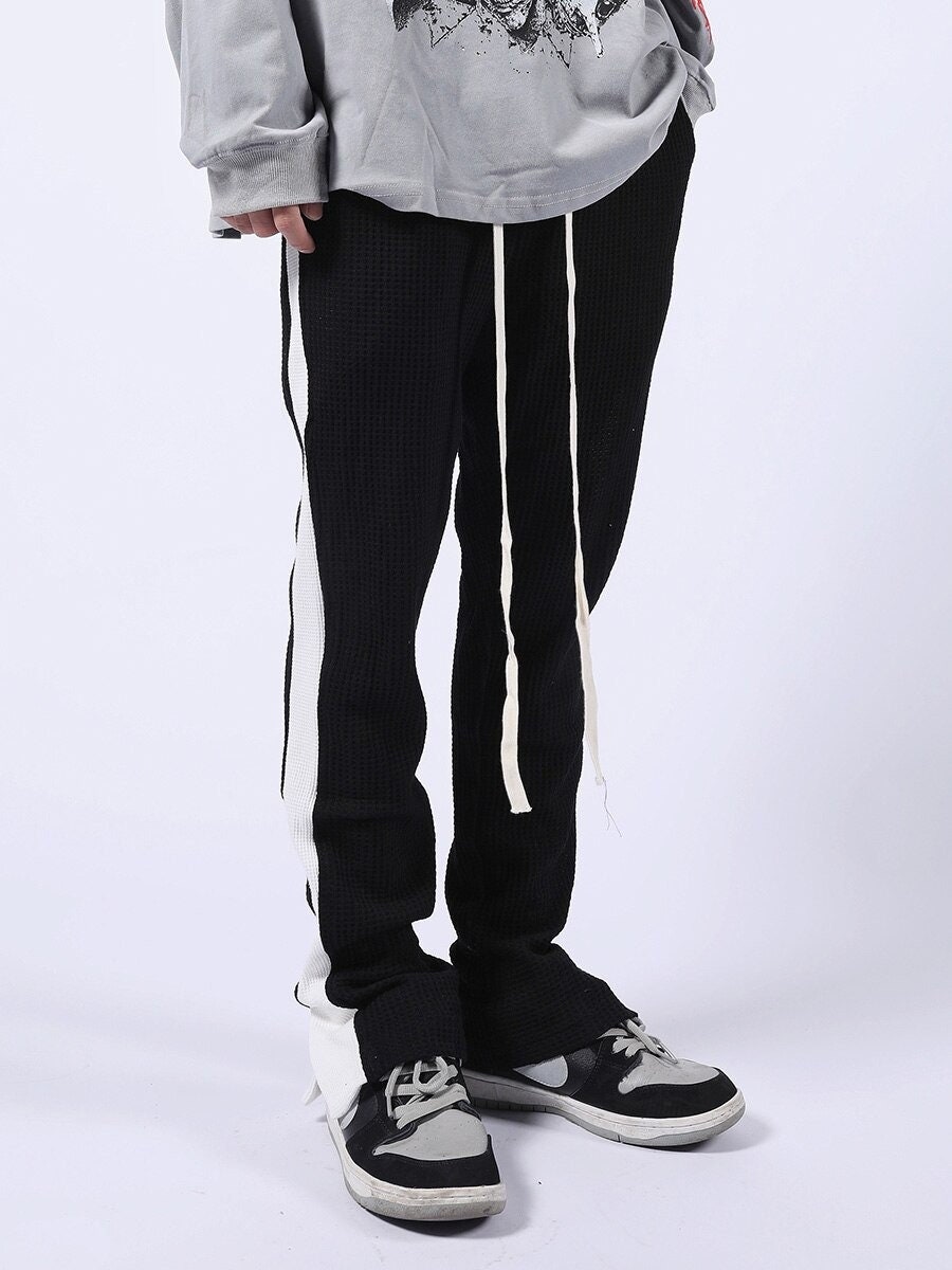 Streetwear Vintage Fashion Men's Knitted Pants Urban Casual Cotton Ripped Black Sweatpants