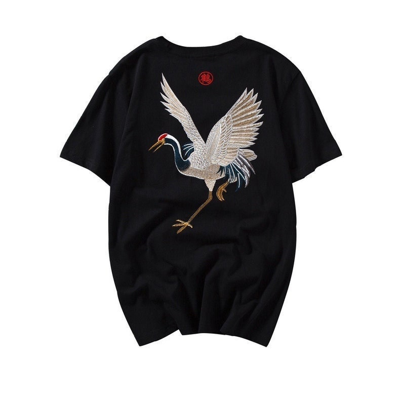 Streetwear Vintage Japan Yokosuka Embroidery Crane T Shirt Short Sleeves Japanese Tee Shirt