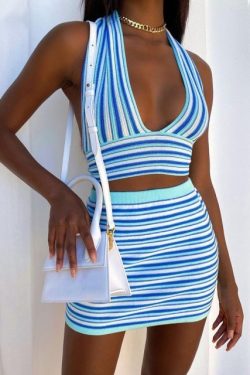 Stripe Knit Co Ord Set Beach Set Holiday Vacation Set Stripe Crop Top And Skirt Y2k Style