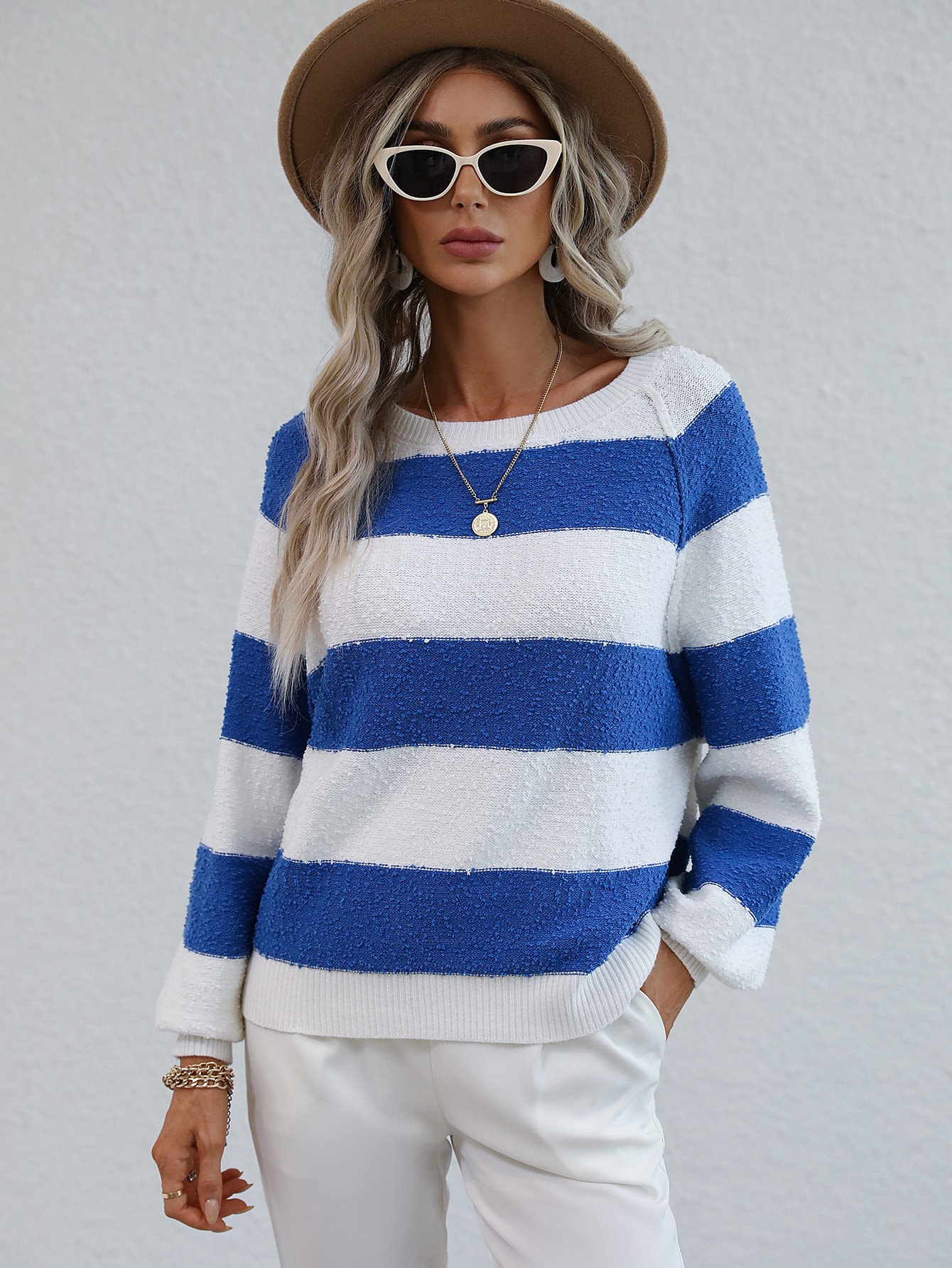 Stripe Knitted Round Neck Loose Sweater Knitting Long Sleeve Winter Sweater Fit Warm Sweater Outerwear Womens Gift For Her