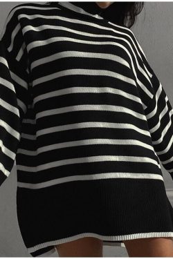 Striped Black And White Sweater Minimalistic Sweater Vintage Turtleneck Sweater Y2k Sweater Korean Style Sweater