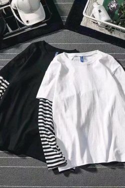 Striped Hip Hop T Shirts Men Women Top Autumn Long Sleeve Top Fake Two Piece Shirt Bottoming Shirt Outwear Top