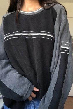 Striped Long Sleeve Oversized Hoodie Patchwork Crewneck Sweatshirt Y2k Korean Fashion E Girl Gothic Trendy Harajuku Preppy